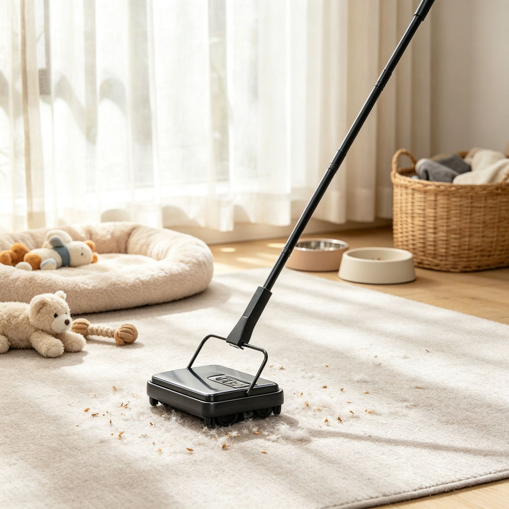 Manual Carpet Sweeper (7.87" Sweep Path), Non-Electric Floor Sweeper with 300ml Dustbin & Comb