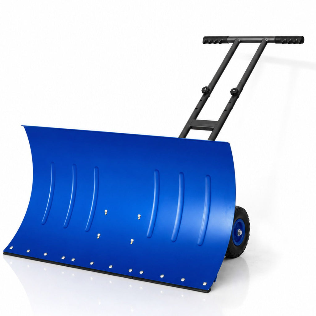 Manual Snow Pusher Cart 36x18in with H-Handle, Blue Iron Blade, Black Handle, Blue Wheels, Snow Plow Cart