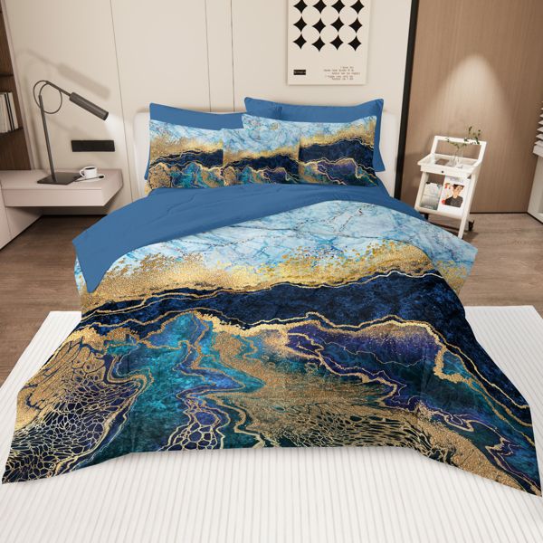 Marble Comforter Set Bed in A Bag 8 Piece Marble Queen Size Comforter Sets - 1 Comforter, 2 Pillow Shams, 1 Flat Sheet, 1 Fitted Sheet, 1 Cushion Cover, 2 Pillowcases - Navy Blue and Gold Foil