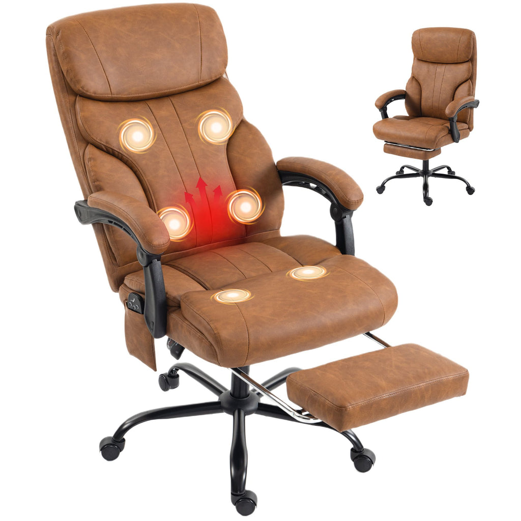 Massage Office Chair Vibration Computer Chair Heated Reclining PU Leather Footrest Height Adjustable Brown