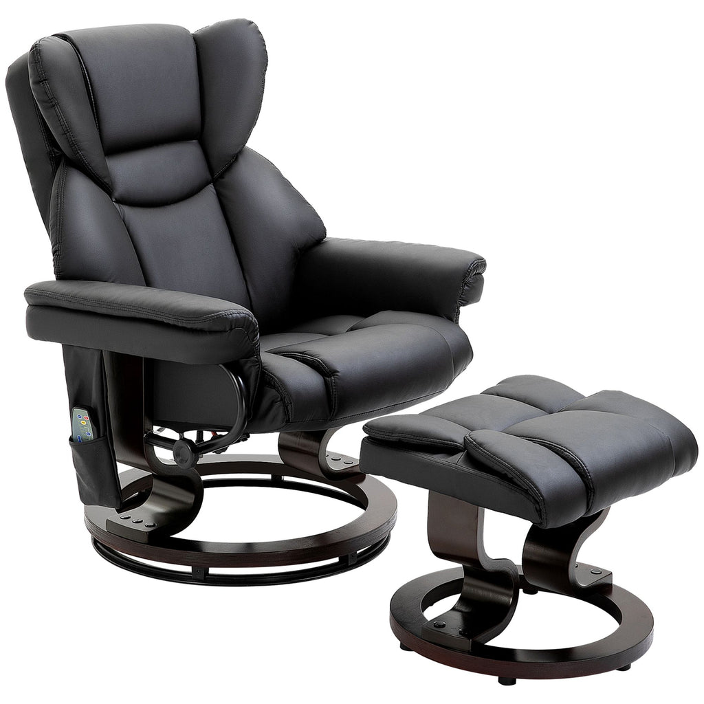 Massage Recliner Chair with Footrest, Swivel Armchair, Wrapped Wood Base, 10 Massage Points, Faux Leather, Black
