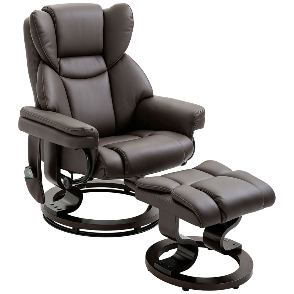 Massage Recliner Chair with Footrest, Swivel Armchair, Wrapped Wood Base, 10 Massage Points, Faux Leather, Brown