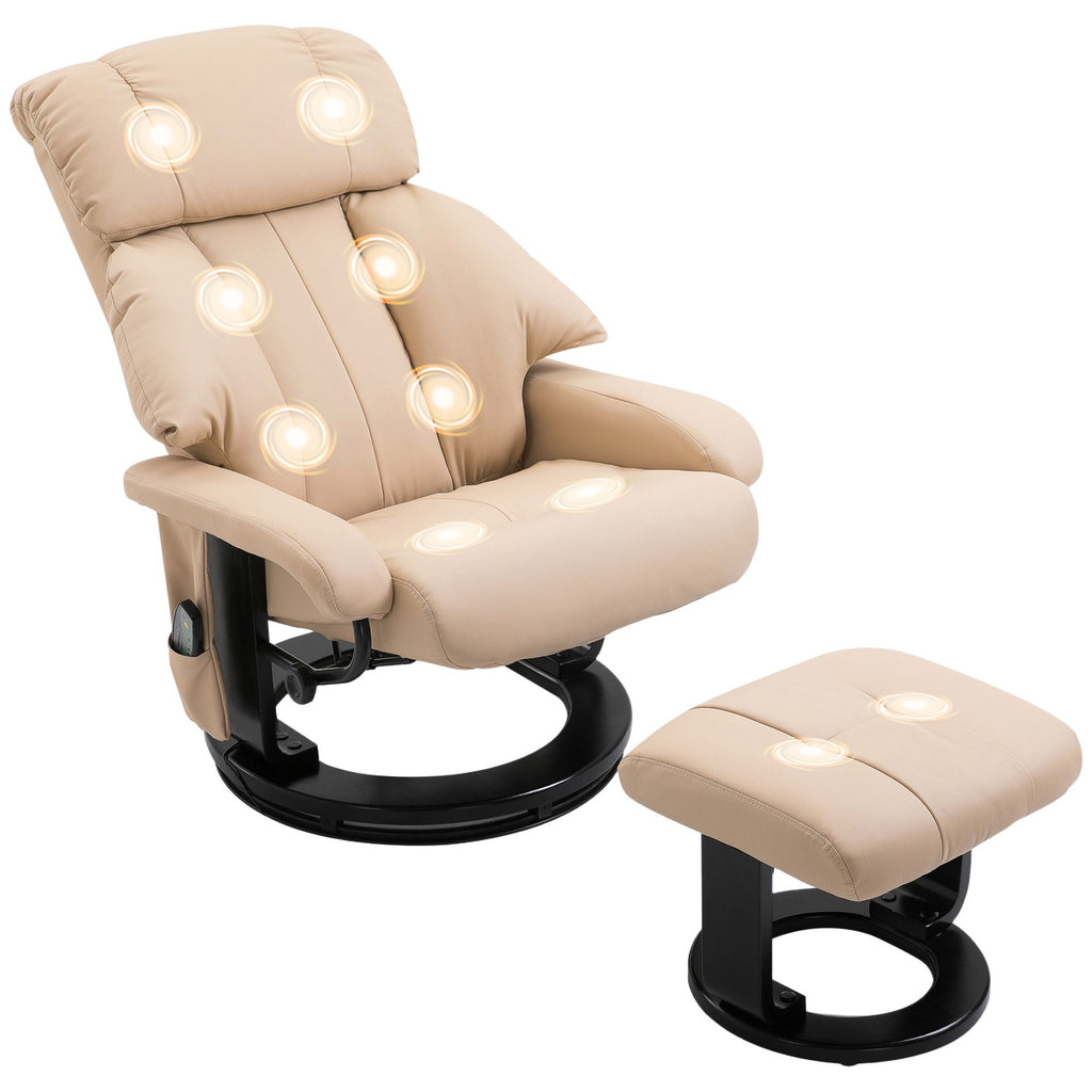 Massage Recliner Chair with Ottoman, 360° Swivel Recliner and Footstool, 10-Point Vibration, Beige