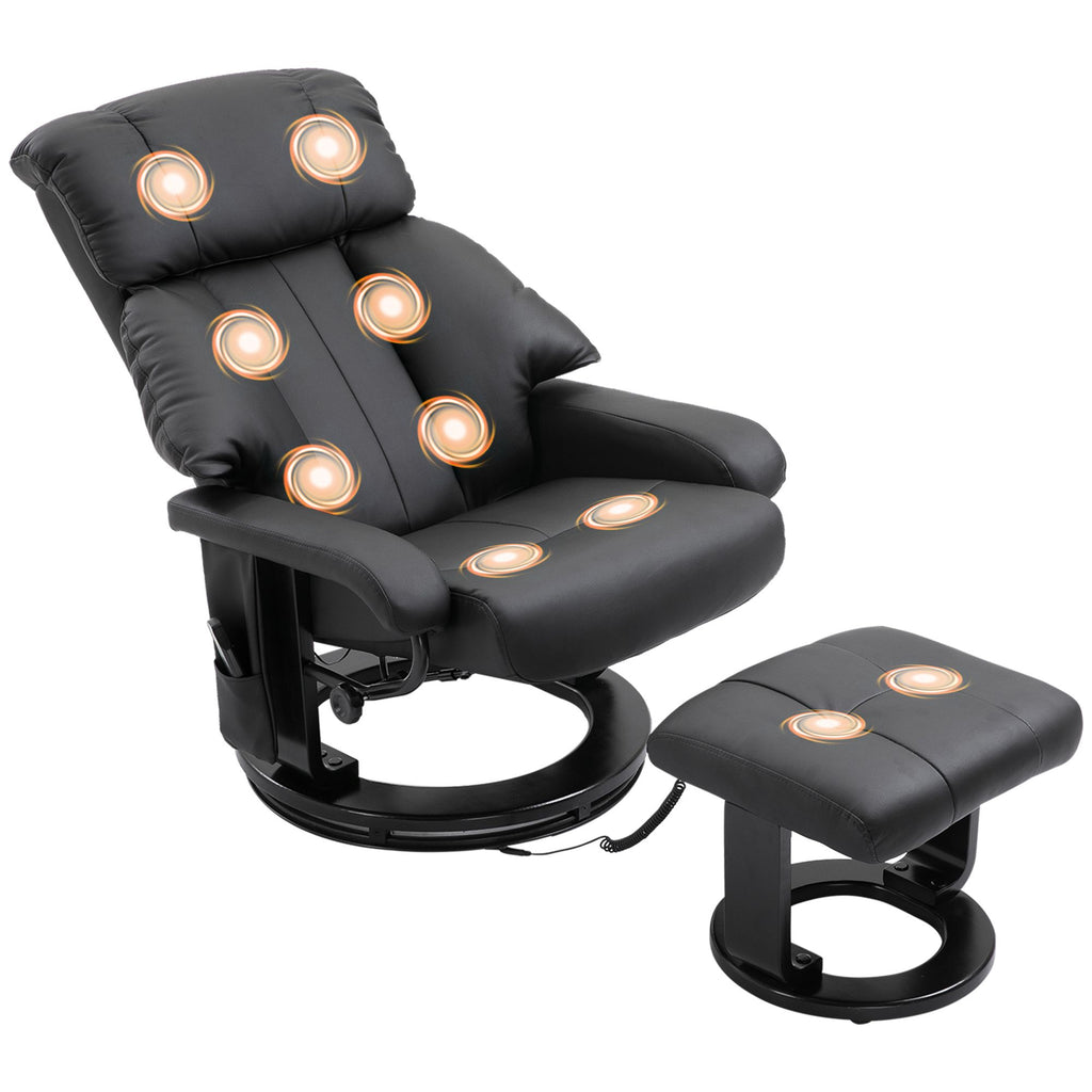 Massage Recliner Chair with Ottoman, 360° Swivel Recliner and Footstool, 10-Point Vibration, Black