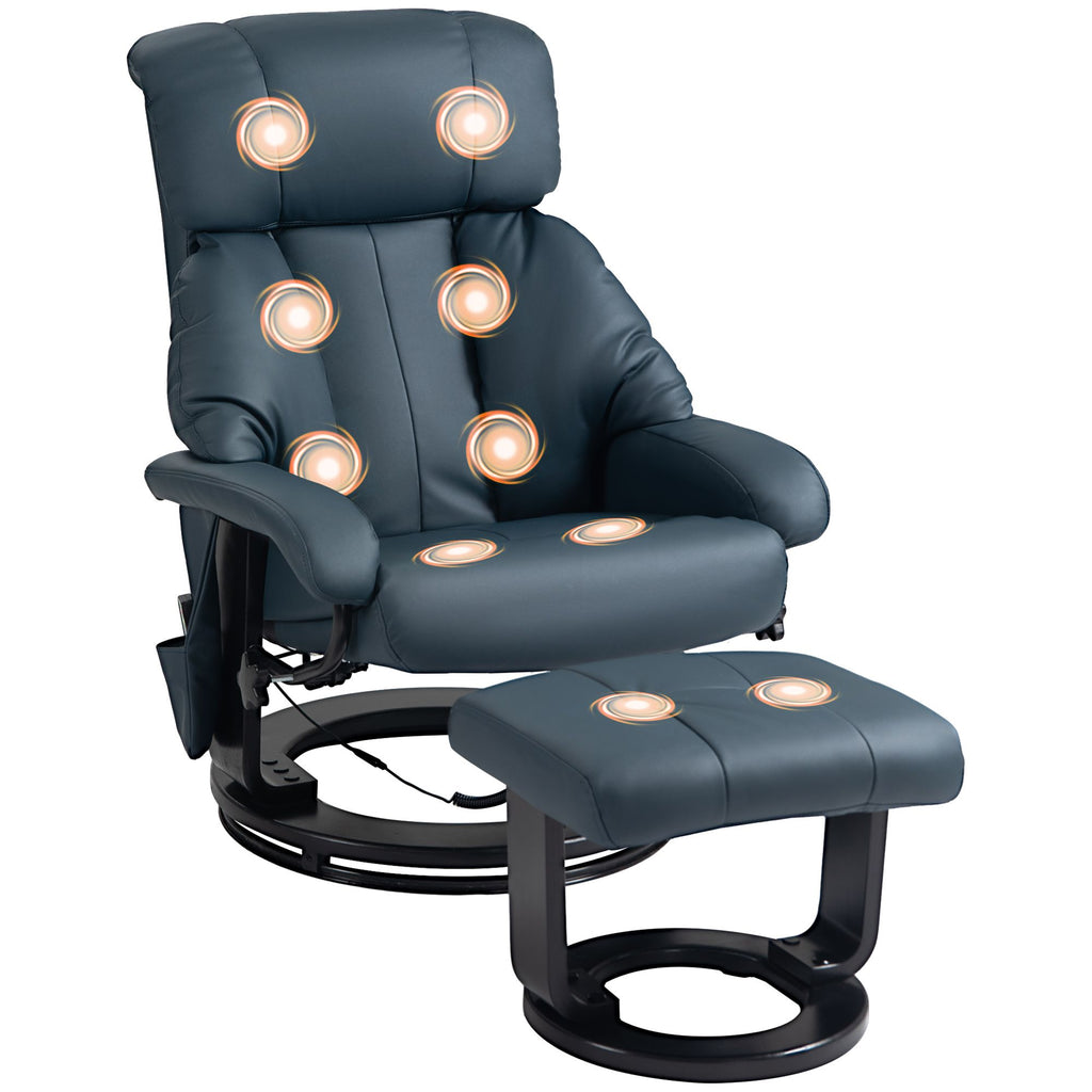 Massage Recliner Chair with Ottoman, 360° Swivel Recliner and Footstool, 10-Point Vibration, Blue
