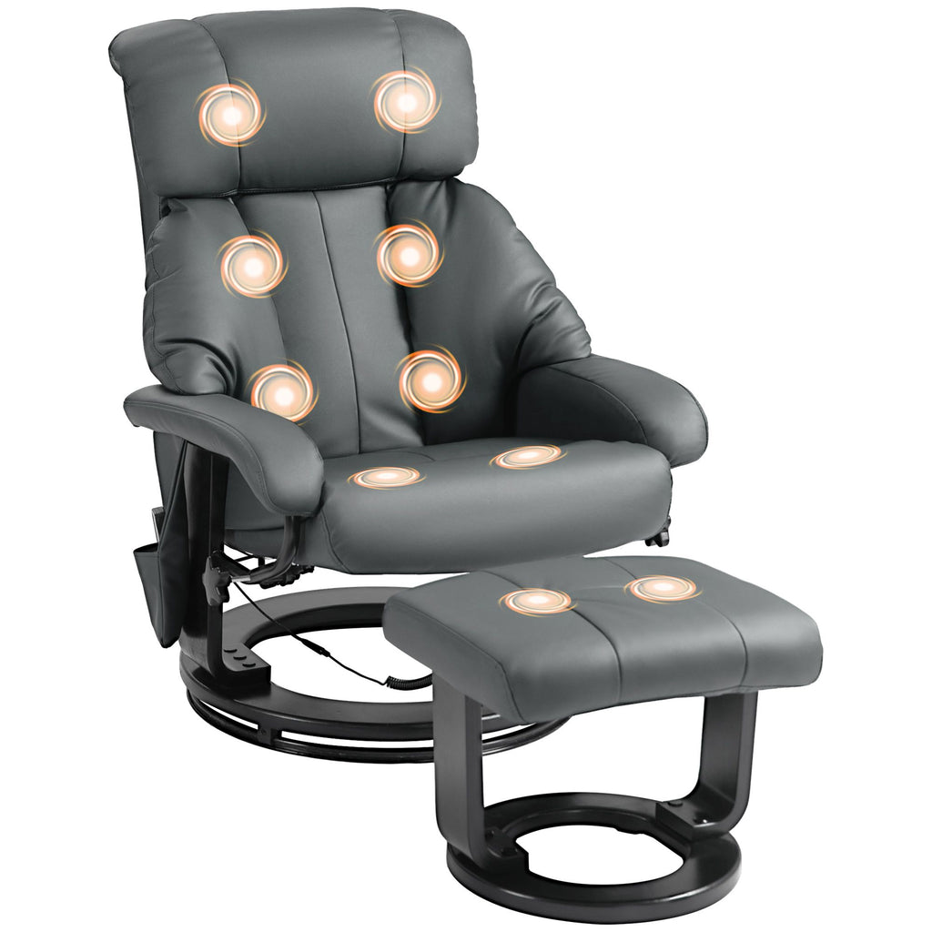 Massage Recliner Chair with Ottoman, 360° Swivel Recliner and Footstool, 10-Point Vibration, Gray