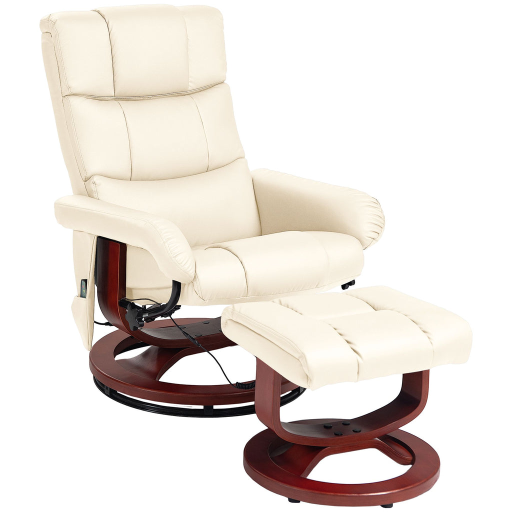 Massage Recliner Chair with Ottoman in Cream White, Faux Leather Swivel Seat with Remote | Cozy Home Seating