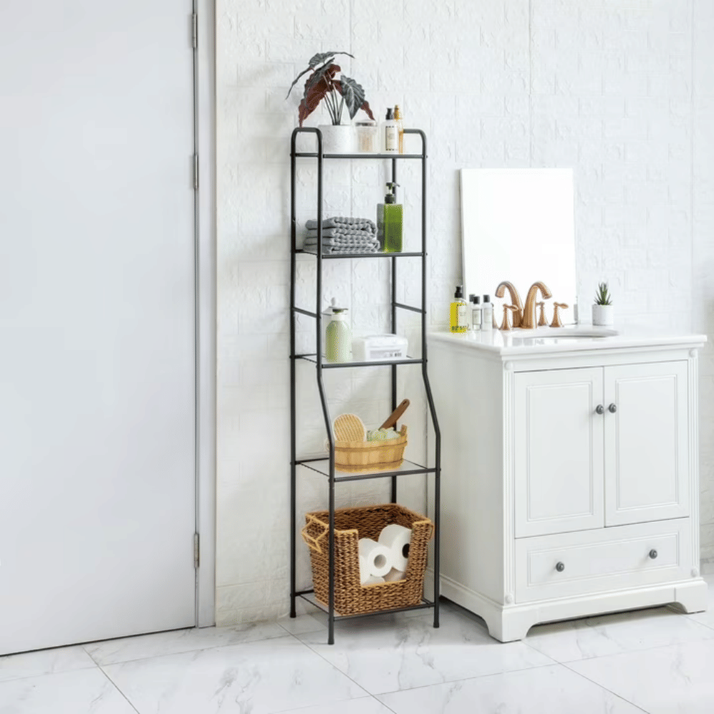 Matte Black Steel 5-Shelf BathroomStorageTower Unit