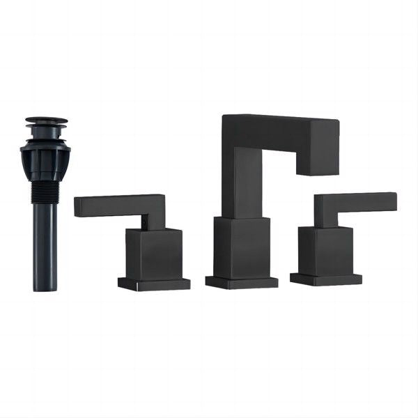 Matte Black Widespread Bathroom Faucet, Waterfall Bathroom Faucets for Sink 3 Hole, 2-Handles Modern Vanity Faucet with Pop Up Drain Assembly and Lead-Free Supply Hose,8-Inch