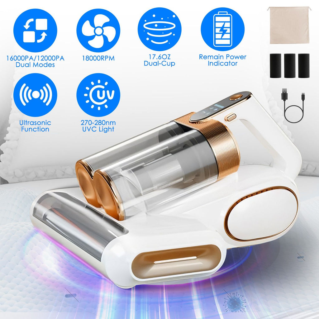Mattress Vacuum Cleaner, Cordless 200W with 16KPA Suction, Allergen Removal, Dual Dust Cup & Battery Display for Home Fabrics
