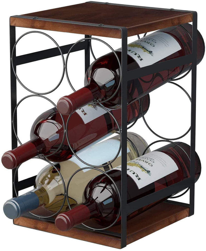 Mecor 6-Bottle Countertop Wine Rack, 3-Tier Tabletop Wood & Metal Wine Holder, Classic Design, Perfect for Home Decor, Bar, Wine Cellar, Basement, Cabinet, Black