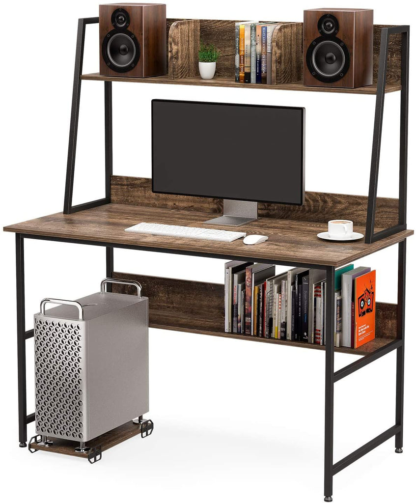 Mecor Computer Office Desk with Shelves 47 Inch, Sturdy Writing Desk for Home Office, Modern Desk with with Hutch and Bookshelf, PC Laptop Table Workstation, Brown--YS