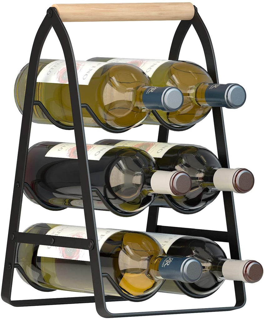Mecor Countertop Wine Rack, Tabletop Wood Wine Holder for 6 Bottle, 3-Tier Classic Design, Perfect for Home Decor, Bar, Wine Cellar, Basement, Cabinet, Pantry-Set of 1, Wood & Metal, Wood & Iron