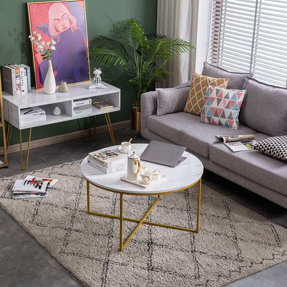 Mecor Round Coffee Table, Modern Center Table with Faux Marble Surface top & Gold Metal Legs, Sofa Table for Living Room, Home Office - Marble/Gold--YS