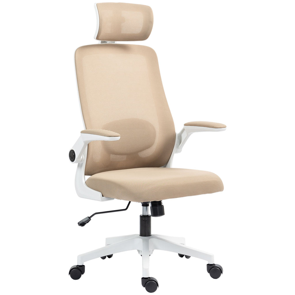 Mesh Chair, Office Chair with Rotatable Headrest, Flip-up Arms, Adjustable Lumbar Support, Smooth Mobility, Khaki