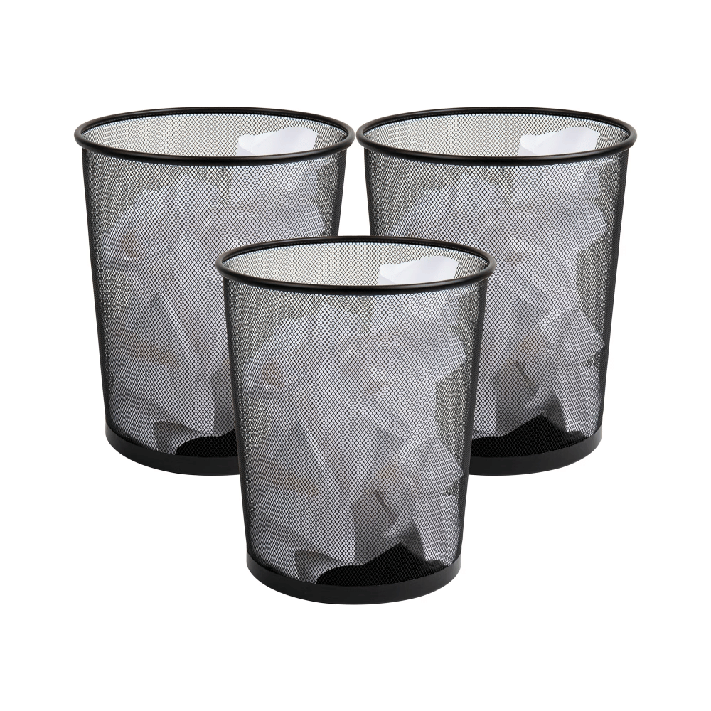 Mesh Trash Can, Set of 3, Waste Paper Basket, Metal, 11.5"L x 11.5"W x 13.75"H, Black