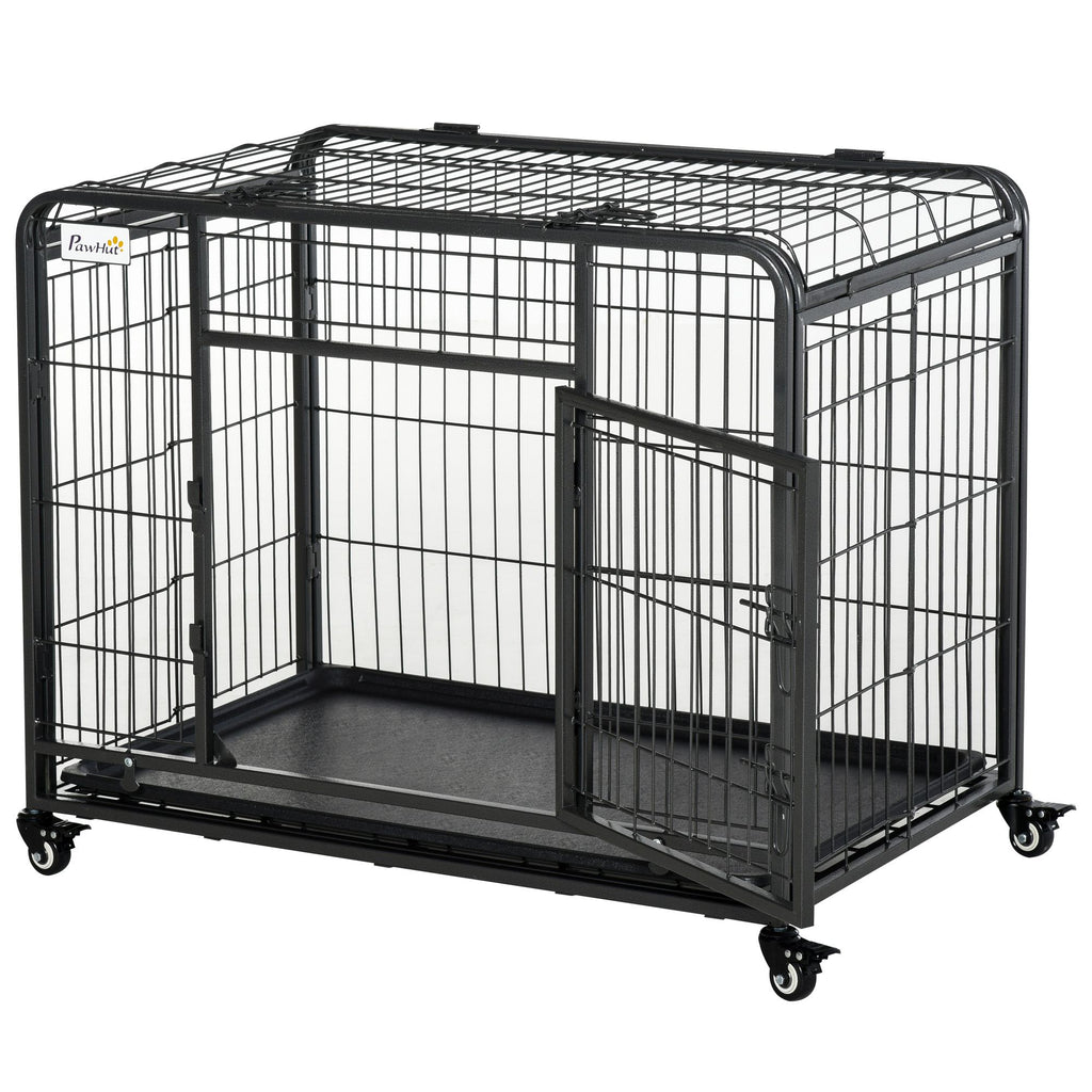 Metal Dog Crate 37" Heavy Duty Folding Kennel with Removable Tray Cover 4 Wheels Gray