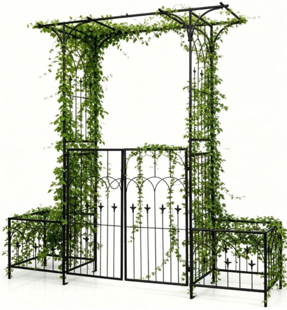 Metal Garden Arbor with Double Lockable Gate, Flat Top Garden Arch with Side Planter Boxes, Powder-Coated Climbing Plant Support