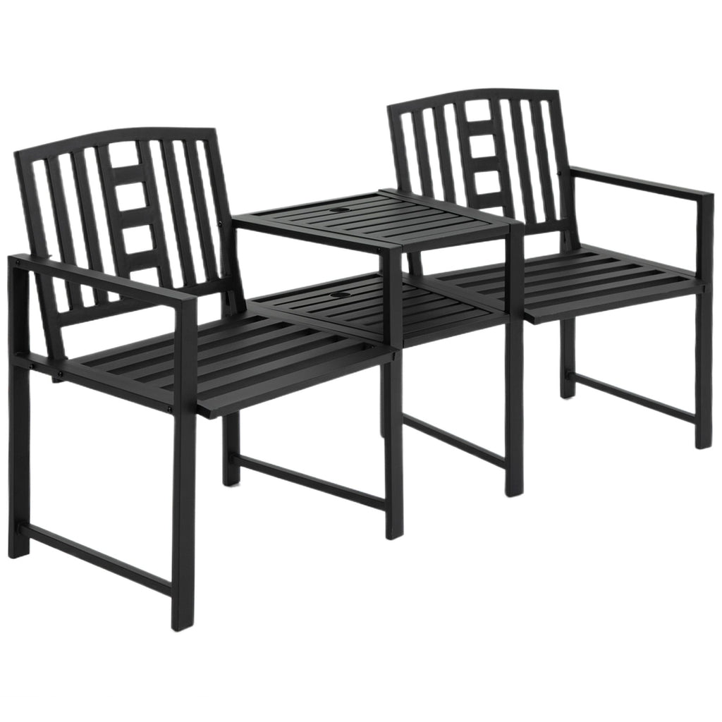 Metal Garden Bench Loveseat with Umbrella Hole & Armrests, for Patio, Porch, Backyard