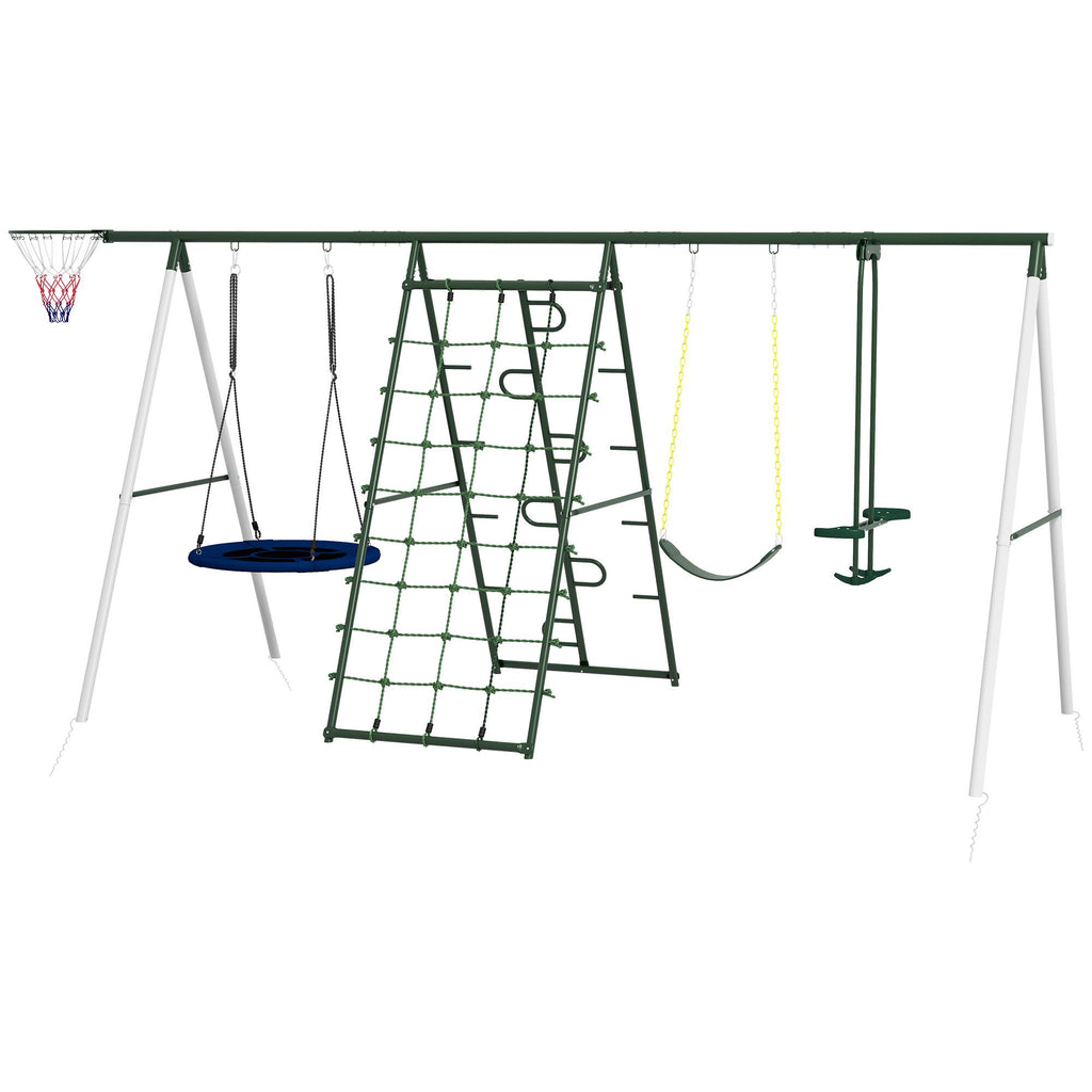 Metal Swing Set with Saucer, Basketball Hoop, Seat Swing, Glider, Climbing Net, Outdoor Backyard Fun