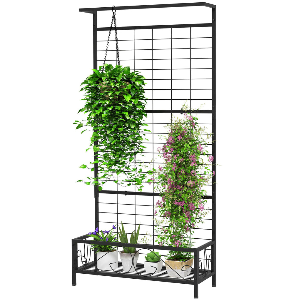 Metal Tall Plant Stand with Trellis and Hanging Bar, Plant Holder for Indoor Outdoor Use, 36" x 12.8" x 74", Black