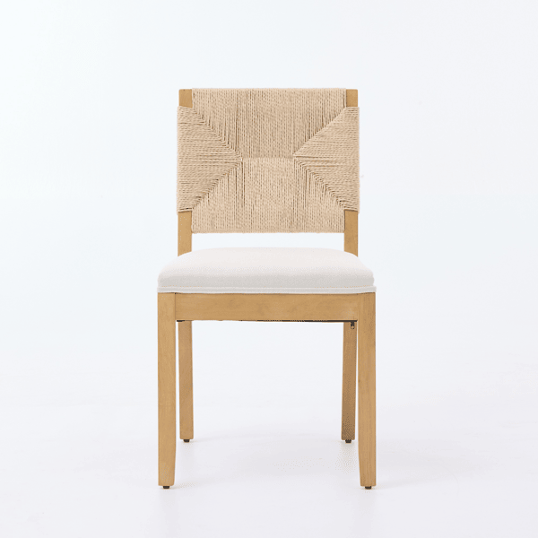 Mid-Century Modern Rope Rattan Dining Chairs Set of 2, Wooden Dining Room Chair with Cane Backrest and Padded Seat, Linen Upholstered Dining Chair, Natural Finish, Beige,SW1883MT
