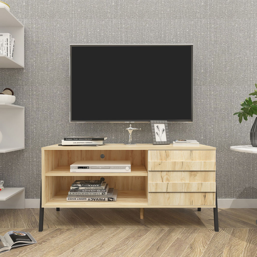 Mid-century modern TV cabinet wooden TV console media cabinet with storage space and brown home entertainment center for living room, bedroom and office,oak