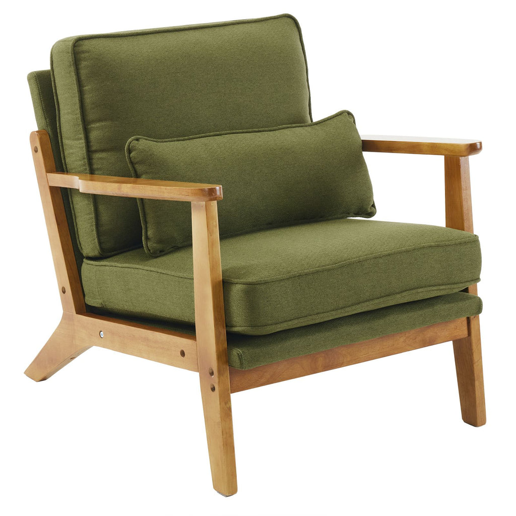 Mid-Century Oak Accent Chair - Linen-Cotton Forest Green Upholstered Single Lounge Chair, Indoor Armchair with Sturdy Wood Frame (330LBS Weight Capacity)