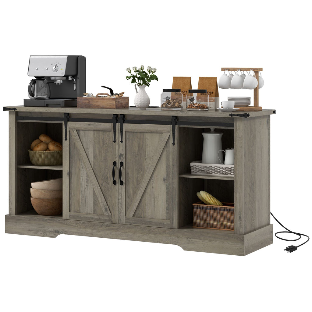 Mid Morden Sideboard, 16" Tall Cabinet with Sliding Barn Door & Charging Station, 65" TV Stand for Living Room, Gray