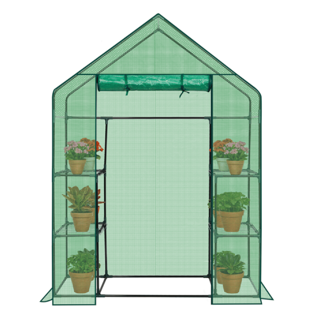 Mini Walk-In Greenhouse with PE Cover, 4-Shelf Indoor Outdoor Garden Plant Shelves, Zippered Roll-Up Door, 56"x29"x77" (Shipment from Walmart)