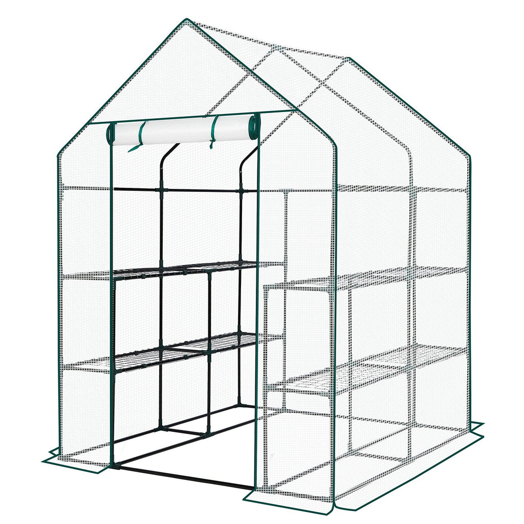 Mini Walk-in Greenhouse with PE Cover, 8-Shelf Indoor Outdoor Plant Gardening Green House for Garden Backyard, 56" x 56" x 77", White