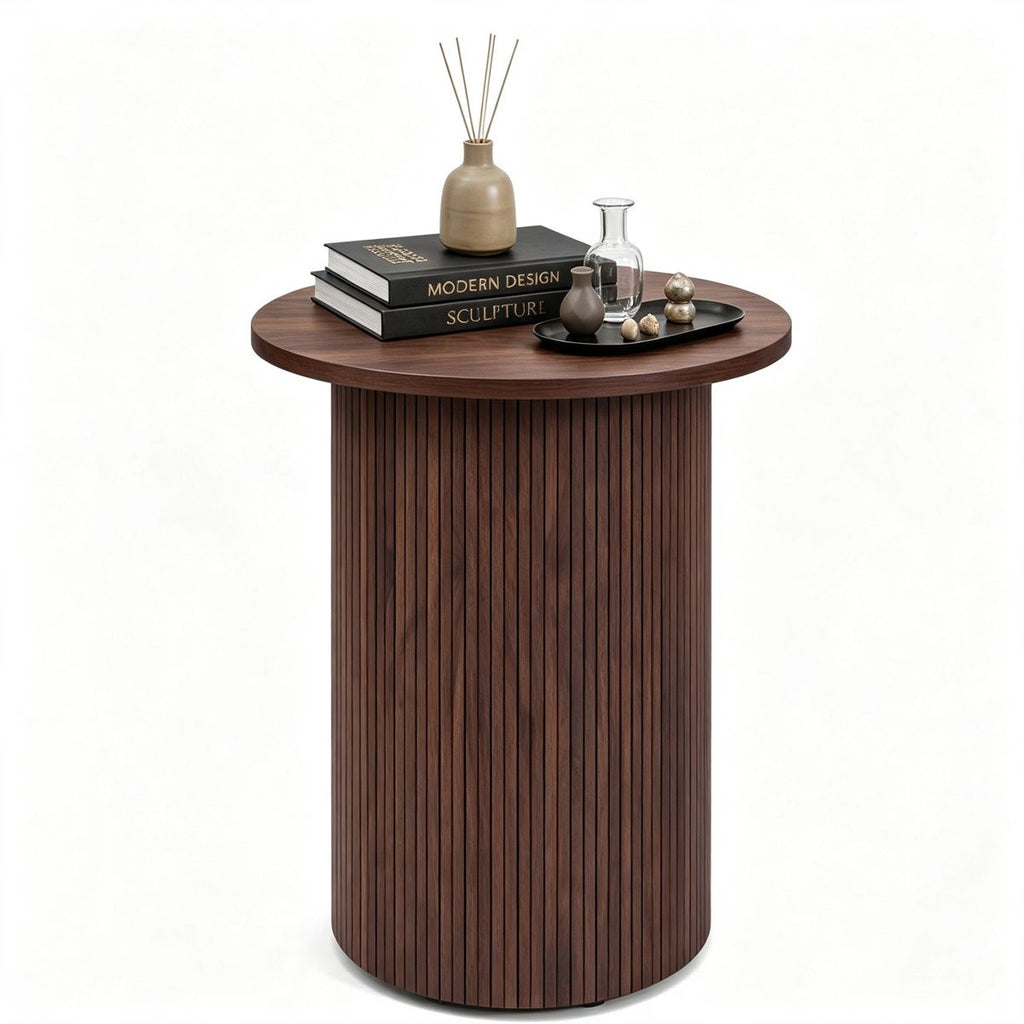 Minimalist Round Pedestal Side Table, Space-Saving Stable Nightstand with Rounded Edges & Anti-Slip Pads, Versatile Accent Furniture for Small Spaces Home Decor - Walnut