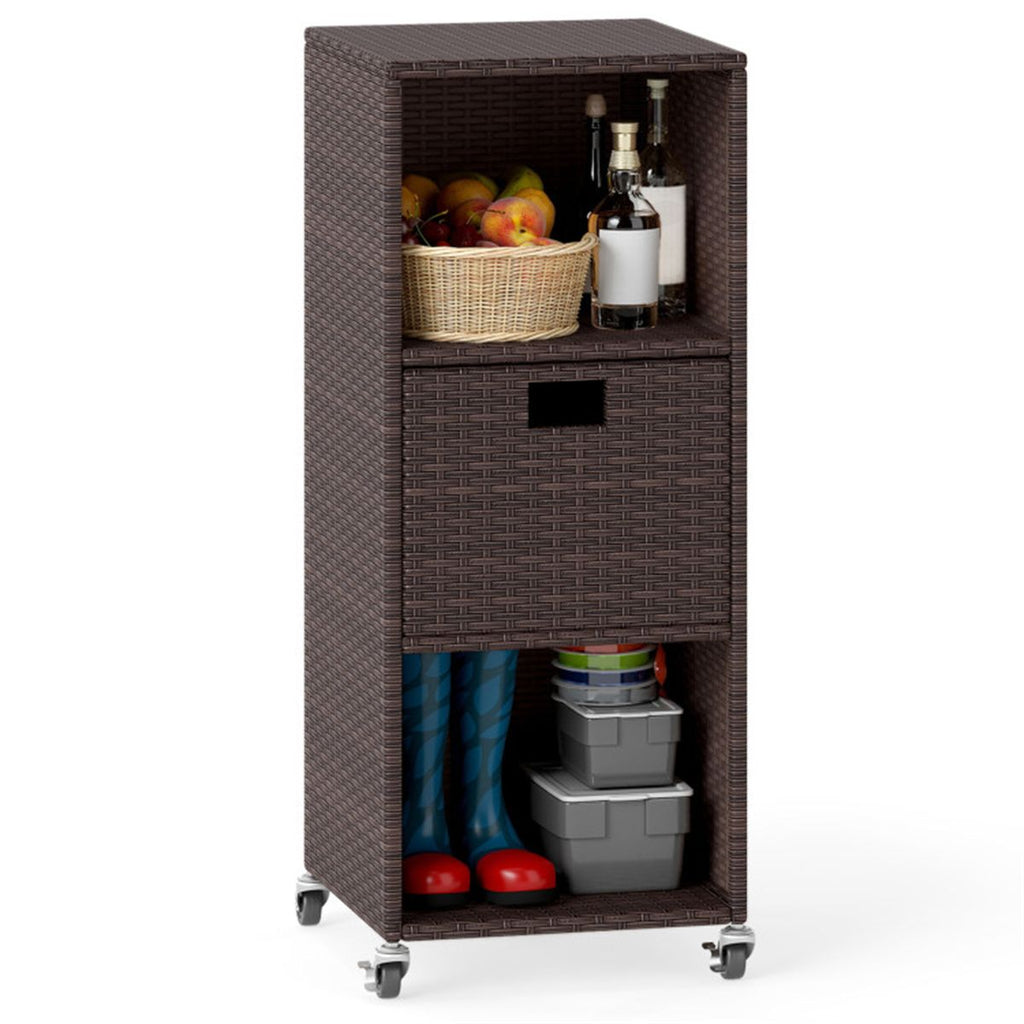 Mix Brown PE Rattan Outdoor Storage Cabinet, 3-Shelf with Removable Drawer & Lockable Wheels