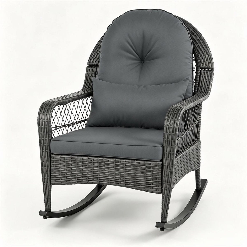 Mix Gray Handwoven PE Rattan Porch Rocking Chair, Metal Frame Safe Smooth Rocker with Removable Washable Zipper Cushions for Backyard Balcony Deck Indoor Reading Nook
