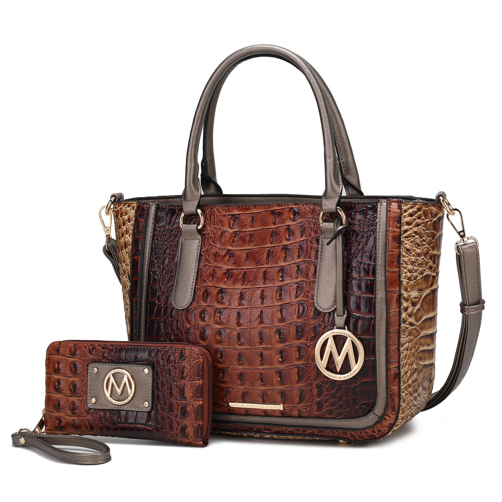 MKF Collection Bonnie Faux Crocodile Embossed Vegan Leather Women Satchel with Wallet Bag by Mia K