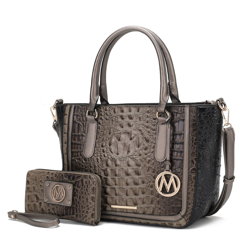 MKF Collection Bonnie Faux Crocodile Embossed Vegan Leather Women Satchel with Wallet Bag by Mia K