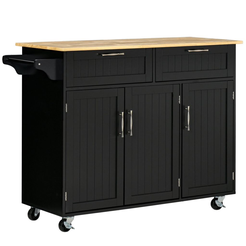 Mobile Kitchen Island, Black, with Drawers & Cabinet Storage