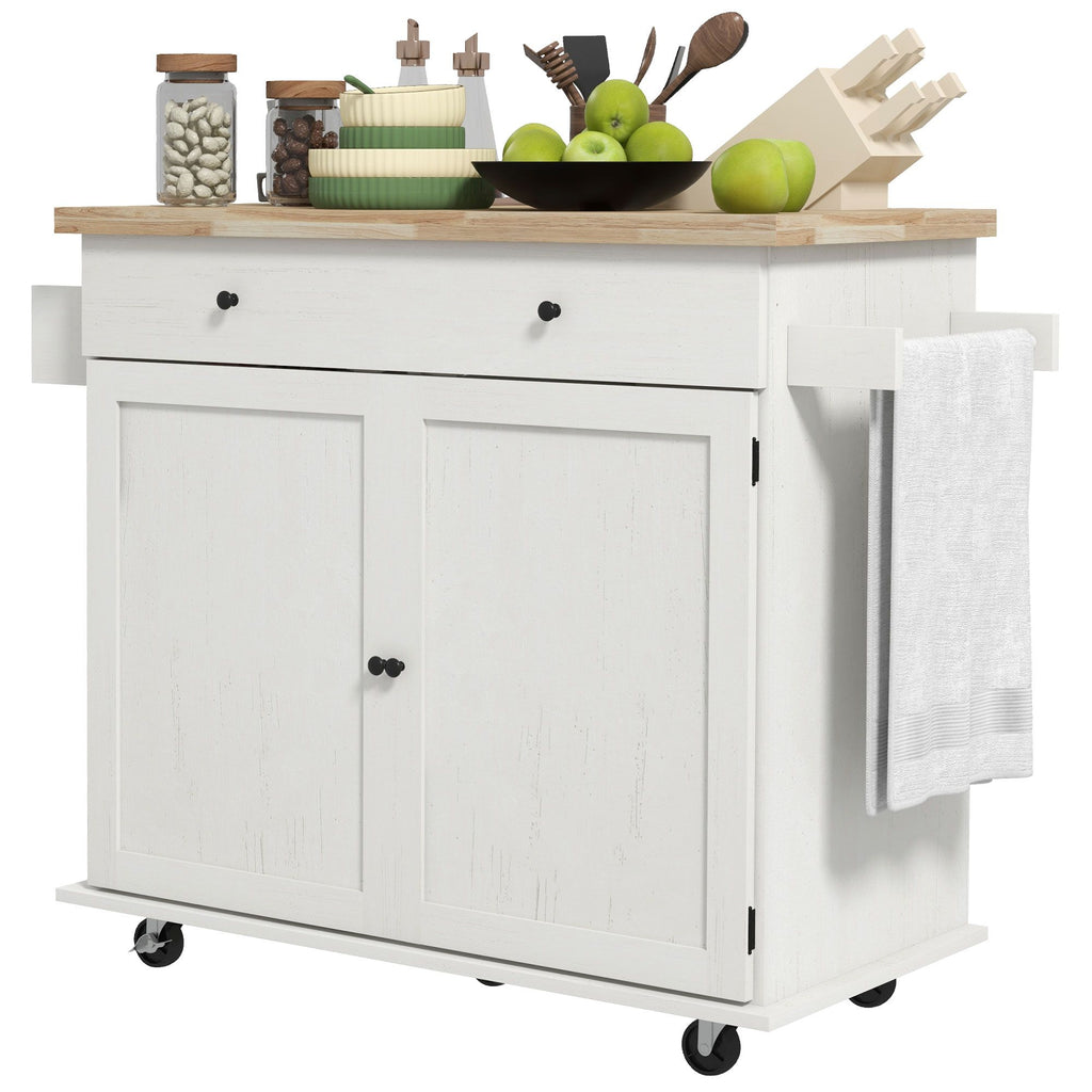 Mobile Kitchen Island, Solid Wood Top Breakfast Nook with Drawer and Doors, Kitchen Cart with Adjustable Shelf, White
