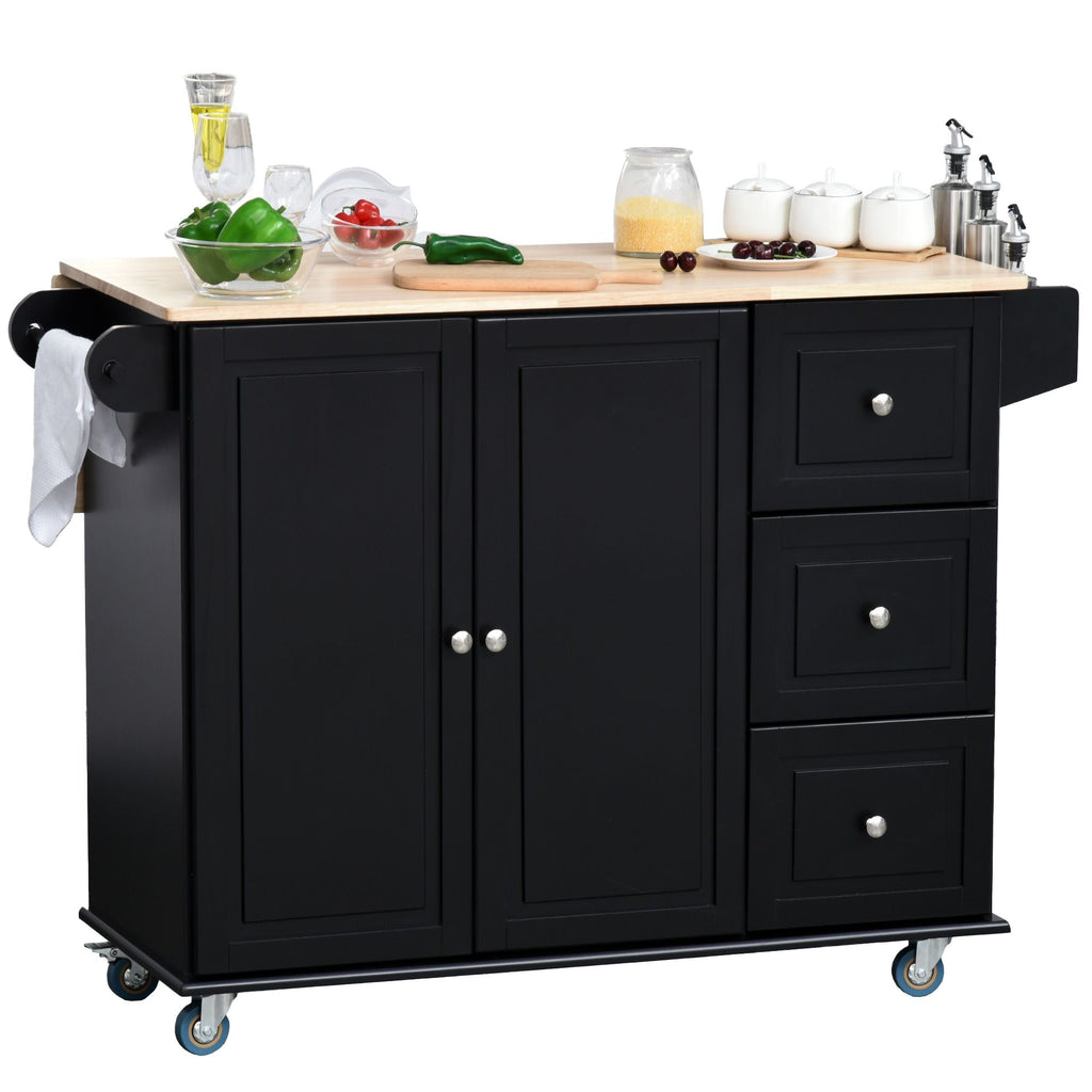 Mobile Kitchen Island with Drop Leaf, Storage Trolley Cart on Wheels, Towel/Spice Rack, 3 Drawers, 2-Door Cabinet, Black