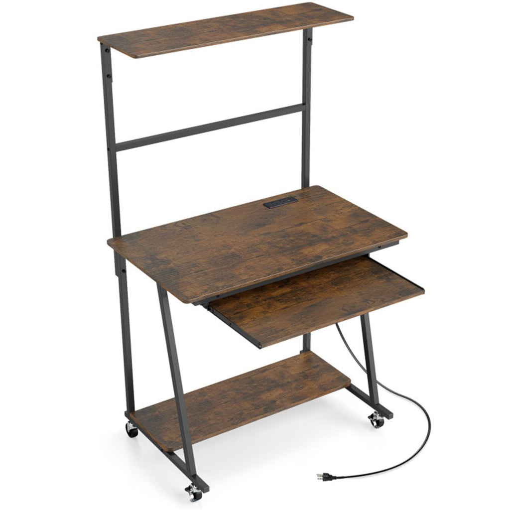 Mobile Rolling Computer Desk with RGB LED Lights & Built-in Charging Station, Multi-Tier Storage Workstation with Keyboard Tray