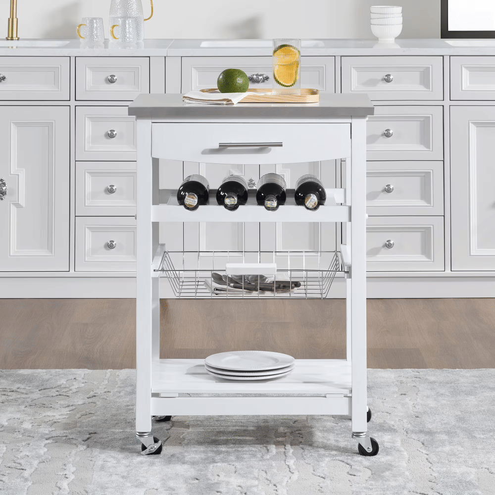 Mobile RollingKitchenIsland Cart with Stainless Steel Top,KitchenTrolley with Drawer, Slide-Out Wire Basket, Lockable Wheels, Portable Serving CartforKitchen, Dining Room, White