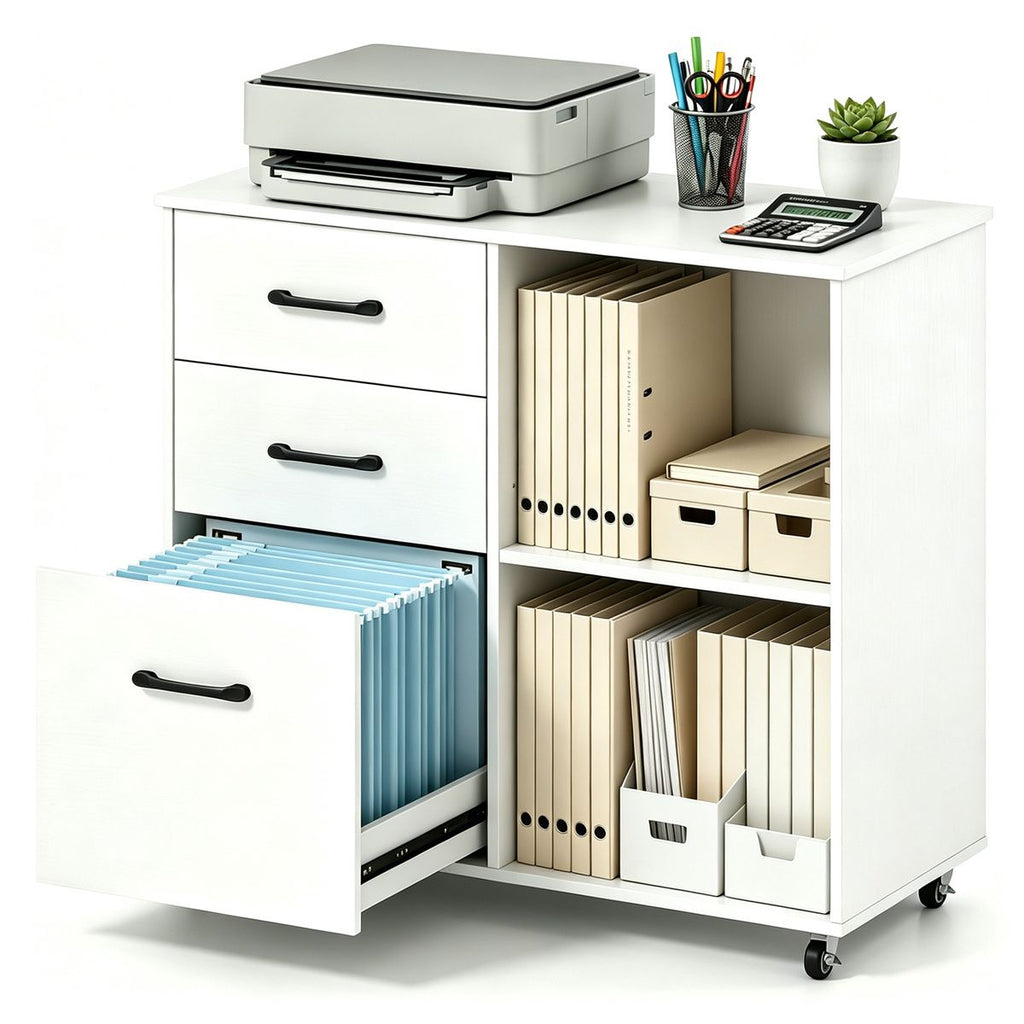 Mobile UnderDesk File Cabinet, Engineered Wood Rolling 3Drawer Office Storage Cabinet with Lockable Casters, Open Compartments for Letter A4 Files Printer Stand -White