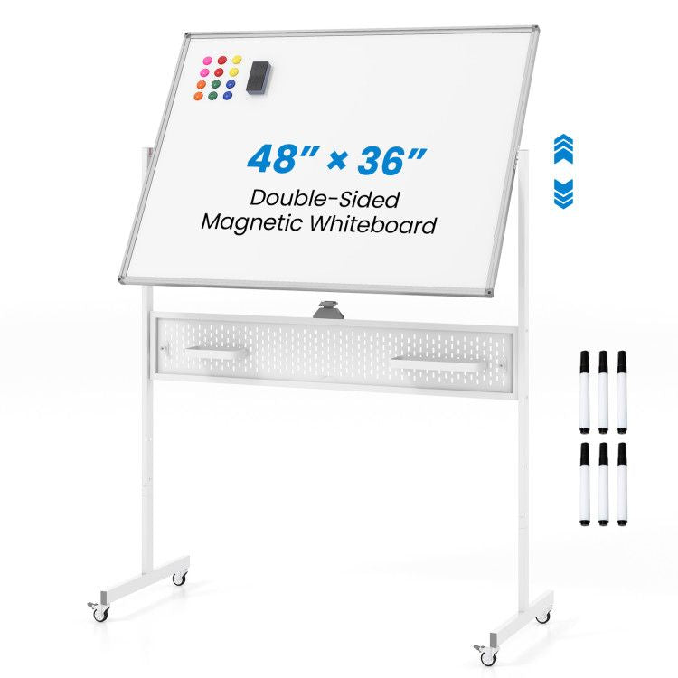 Mobile Whiteboard Adjustable Double-Sided Magnetic Board with Pegboard