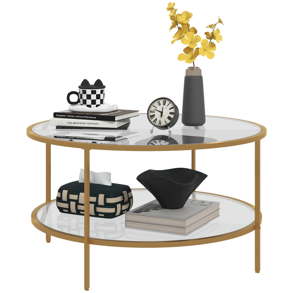 Modern 2-Tier Round Side Table with Tempered Glass Top Steel Frame Sofa End Table for Living Room Small Accent Furniture