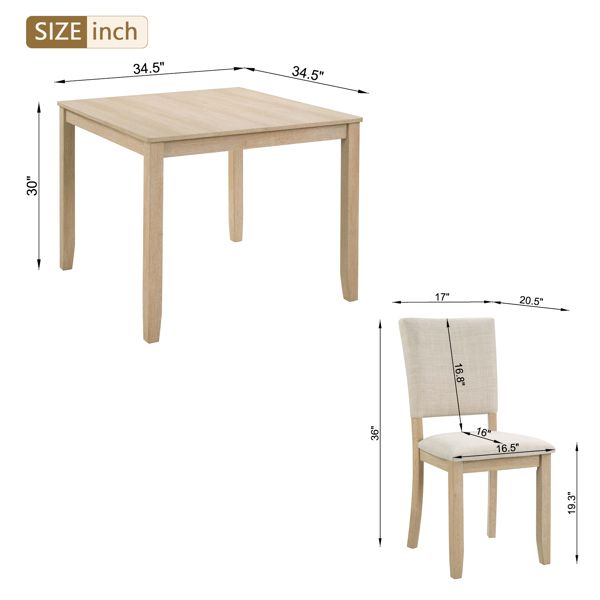 Modern 4 Person Dining Table Set with 4 Chairs, Dining Table Set for 4 People, 5-piece Wooden Dining Table Set for Living Room, Kitchen and Dining Room, Liaght Oak + Beige