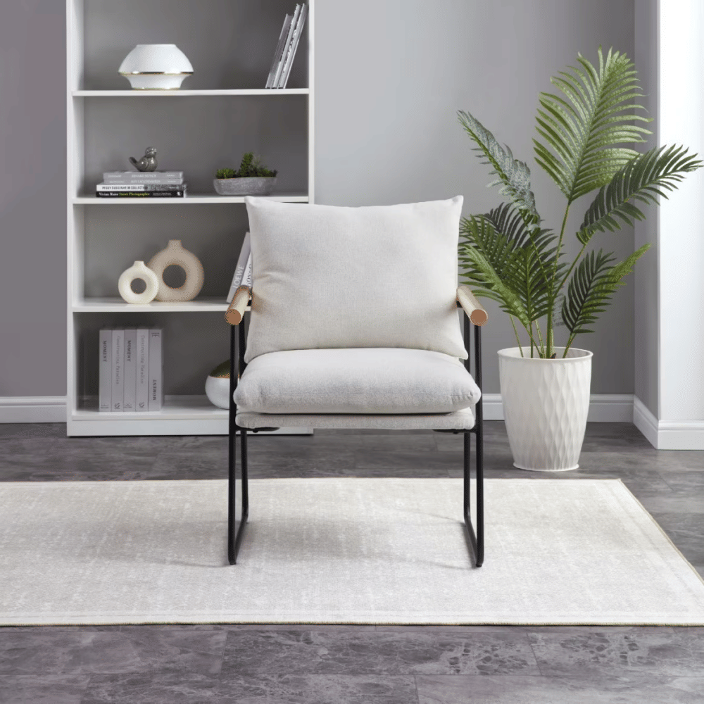 Modern Accent Chair, Comfy Arm Chair with Removable Cushion and Solid Wood Armrests, Linen Upholstered Vanity ChairforLiving Room, Bedroom, Reception Room, Milk White