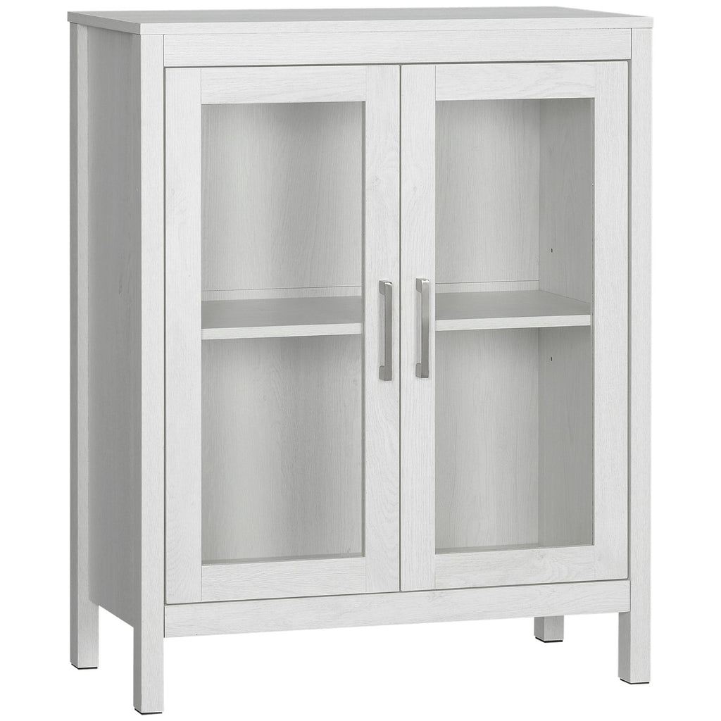 Modern Bathroom Floor Cabinet, Wooden Freestanding Bathroom Storage Organizer with 2 Glass Doors & Adjustable Shelves for Bathroom, White