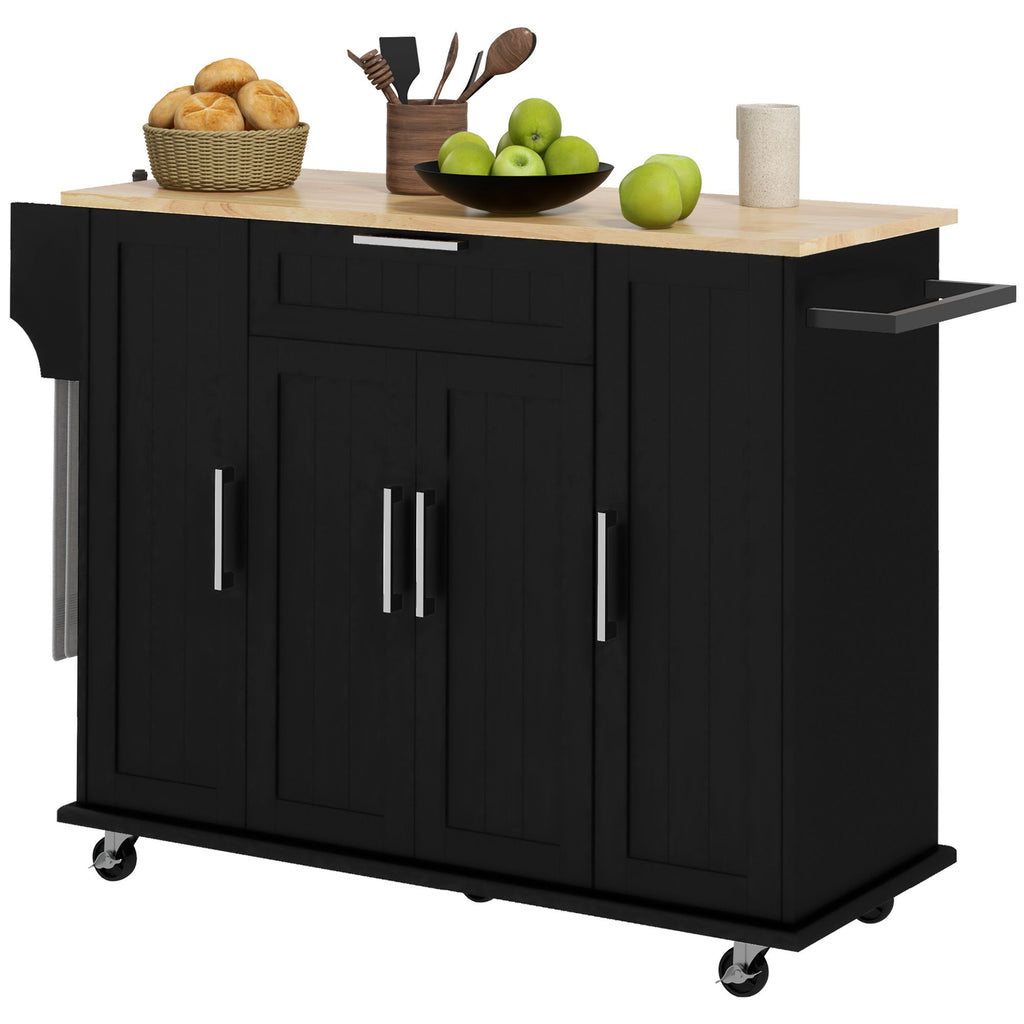 Modern Black Kitchen Island Cart with Natural Wood Top, Drawers, Towel Rack & Cabinet