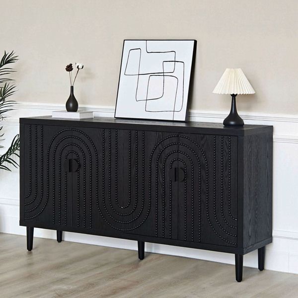 Modern Black Sideboard Cabinet with Decorative Nailhead Accents, Stylish Storage Solution for Dining & Living Rooms