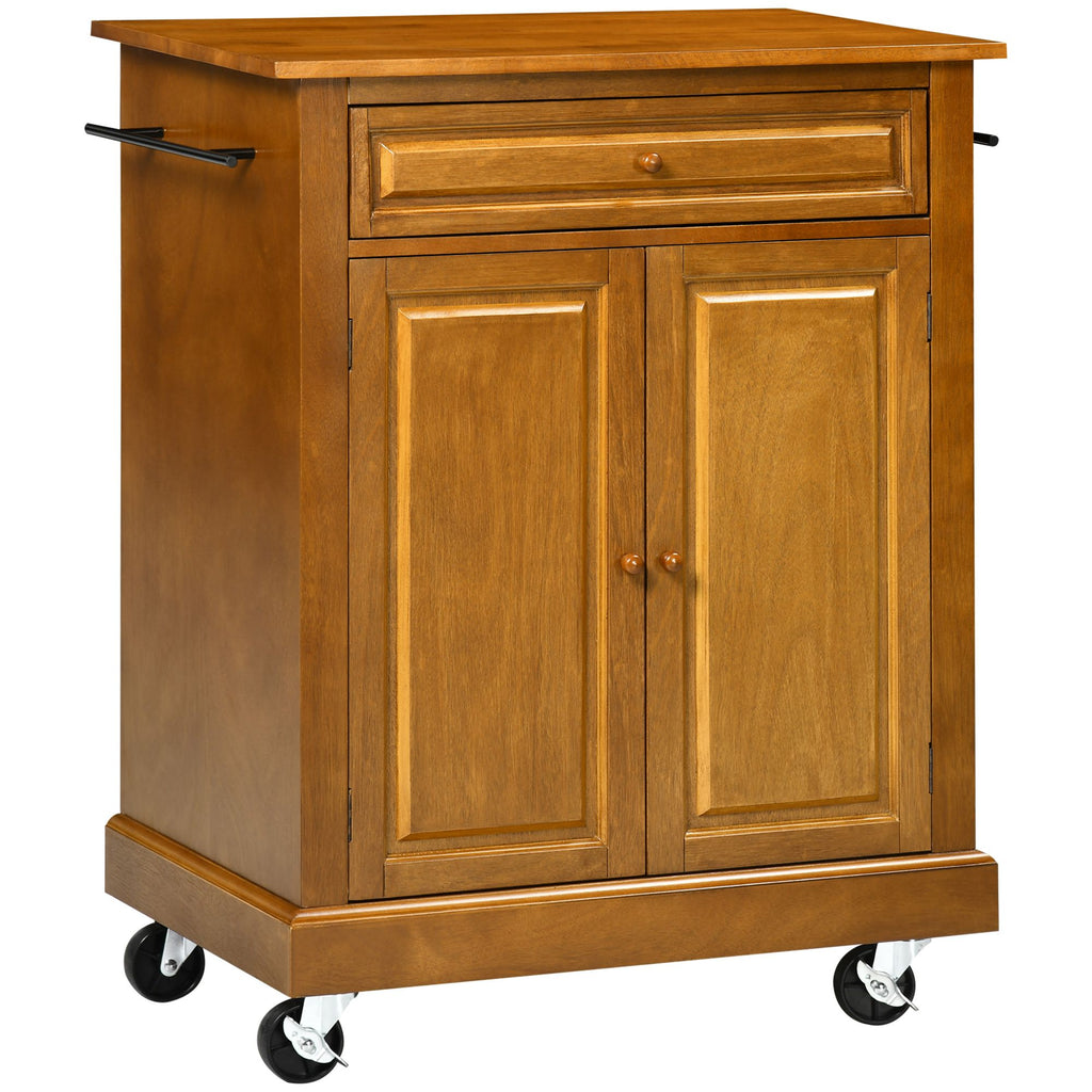 Modern Brown Kitchen Island on Wheels, Rolling Serving Cart with Drawer, Cabinet, and 2 Towel Racks